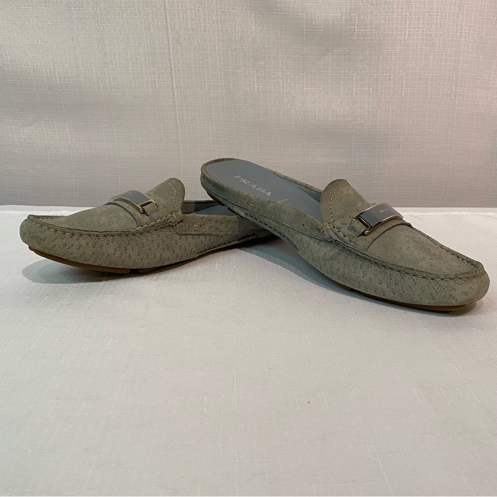 Prada Women's Animal Print Gray Suede Mules Slides Flats Size EU 38 US 8
